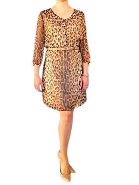 DANIEL CREMIEUX- WOMENS BOHO 3/4 SLEEVE LEOPARD PRINT KNEE LENGHT DRESS SIZE 8